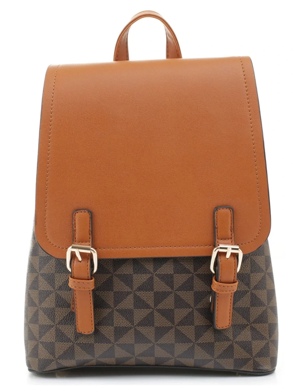 ATRIE vegan leather geometric fashion backpack, brown & Cognac, Front Flap NWT